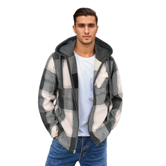 Men's Flannel Jacket Zipper Hooded Jacket