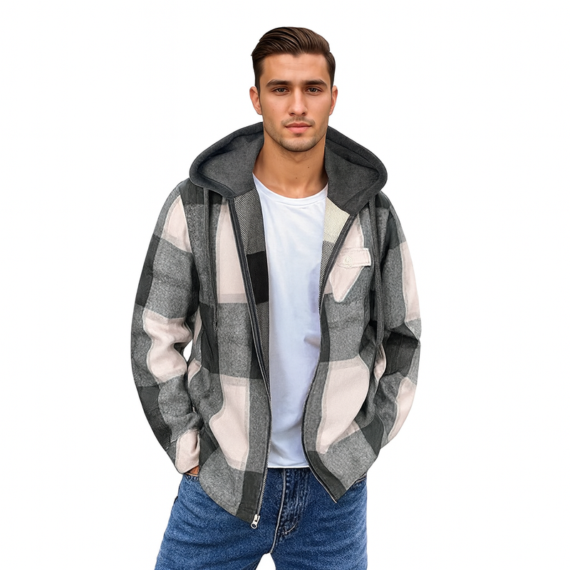 Men's Flannel Jacket Zipper Hooded Jacket