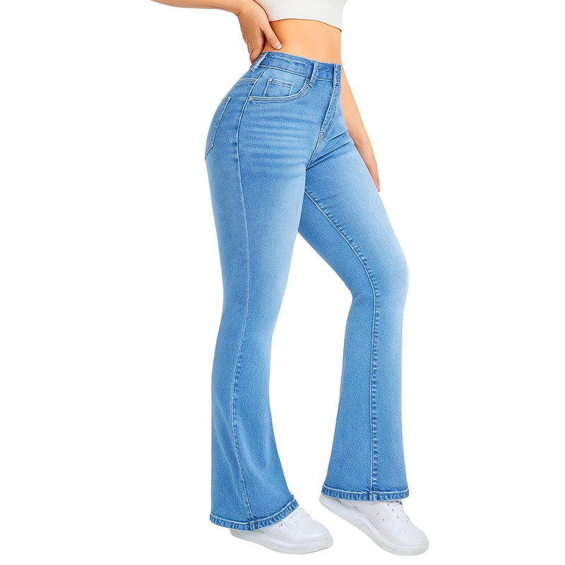 Pocket Design Loose Flared Pants Slim Fit Light Blue Trousers
