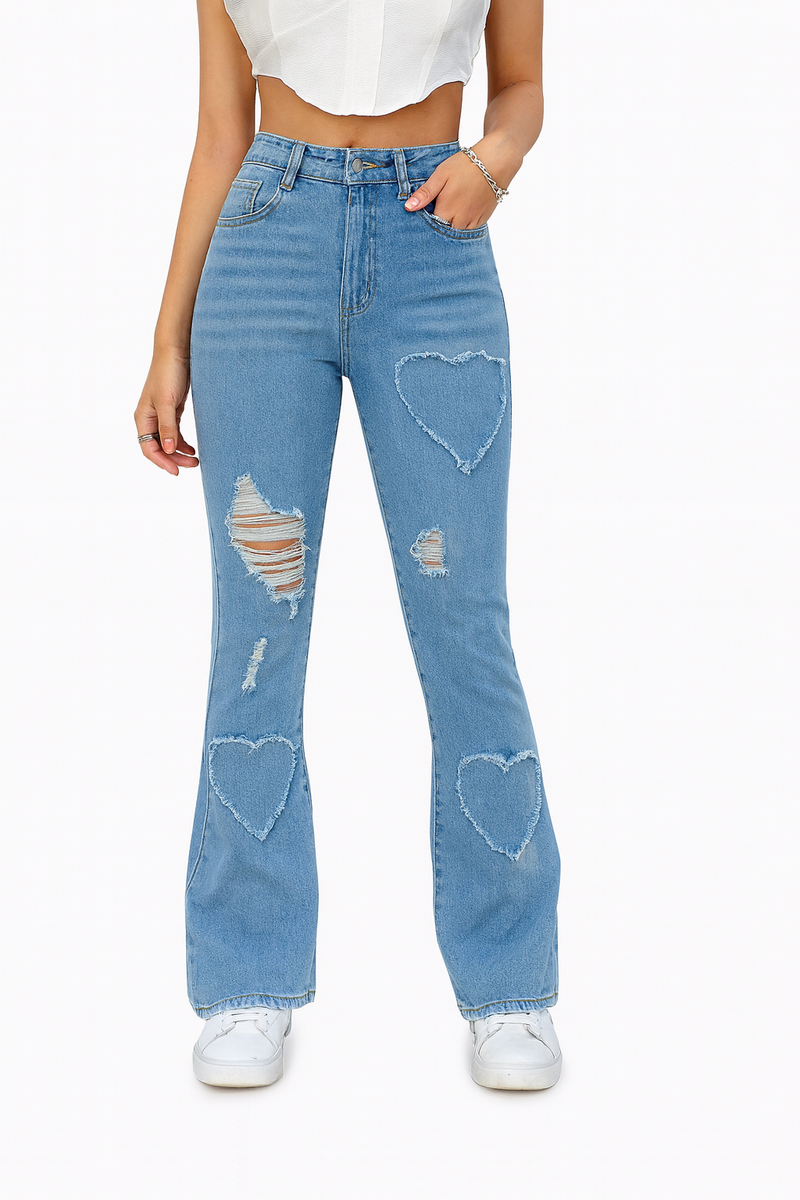 Washed Casual Heart-shaped Ripped Stretch Flared Jeans