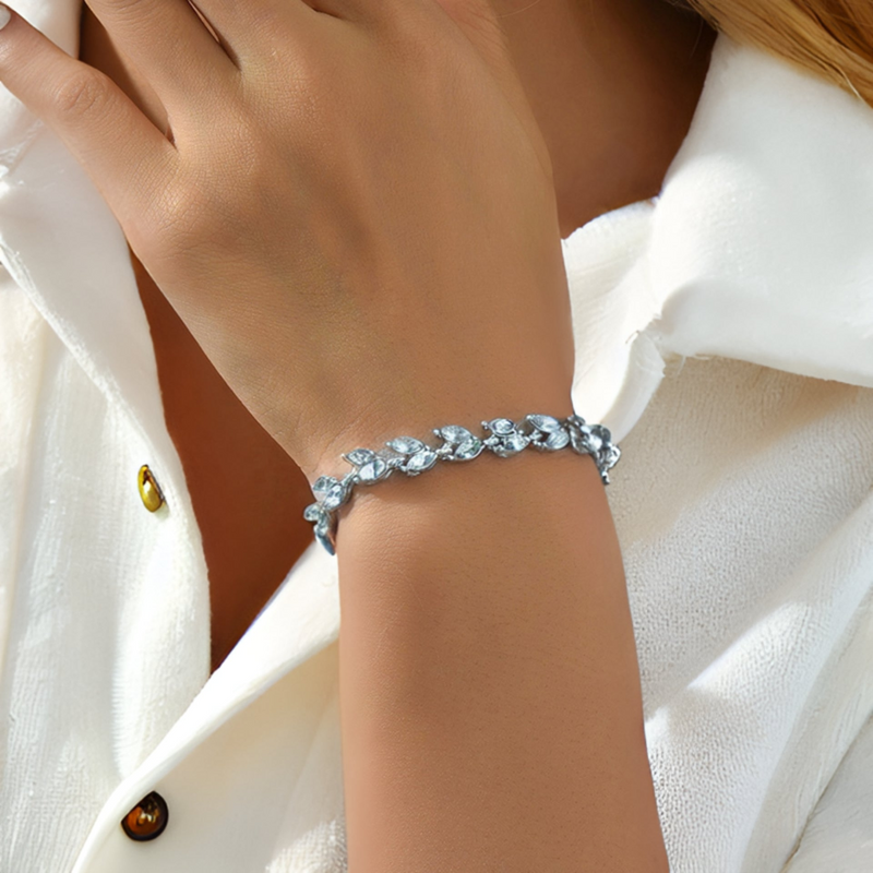 Silver Leaf Cubic Zirconia Bracelet - TikTopia
