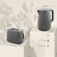 HOMCOM 1.7L Fast Boil Electric Kettle and 2 Slice Water Toaster Set, Grey - TikTopia