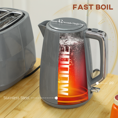 HOMCOM 1.7L Fast Boil Electric Kettle and 2 Slice Water Toaster Set, Grey - TikTopia