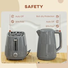 HOMCOM 1.7L Fast Boil Electric Kettle and 2 Slice Water Toaster Set, Grey - TikTopia