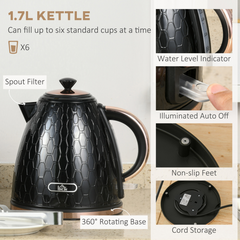 HOMCOM Kettle and Toaster Set 1.7L Fast Boil Kettle & 2 Slice Toaster Set Black - TikTopia