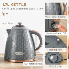 HOMCOM Kettle and Toaster Set 1.7L Fast Boil Kettle & 2 Slice Toaster Set Grey - TikTopia