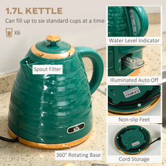 HOMCOM Kettle and Toaster Set 1.7L Rapid Boil Kettle & 4 Slice Toaster Green - TikTopia