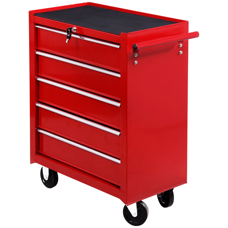 HOMCOM Tool Trolley with 5 Drawers Steel Tool Chest on Wheels with Handle Red - TikTopia