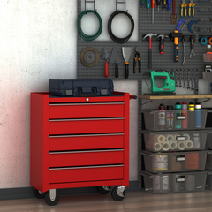 HOMCOM Tool Trolley with 5 Drawers Steel Tool Chest on Wheels with Handle Red - TikTopia