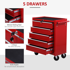 HOMCOM Tool Trolley with 5 Drawers Steel Tool Chest on Wheels with Handle Red - TikTopia