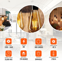 E27 ST64 Vintage LED Dimmable  Bulbs, 8W Edison Light Bulb, - TikTopia