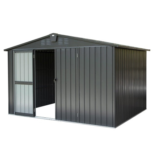 Outdoor Storage Shed 10'x 8, Metal Garden Shed For Bike, Trash Can, Tools, Galvanized Steel Outdoor Storage Cabinet With Lockable Door For Backyard, Patio, Lawn  10x8ft, Dark Gray - TikTopia