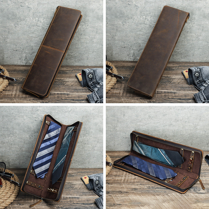 Vintage Crazy Horse Leather Men's Tie Storage Box - TikTopia
