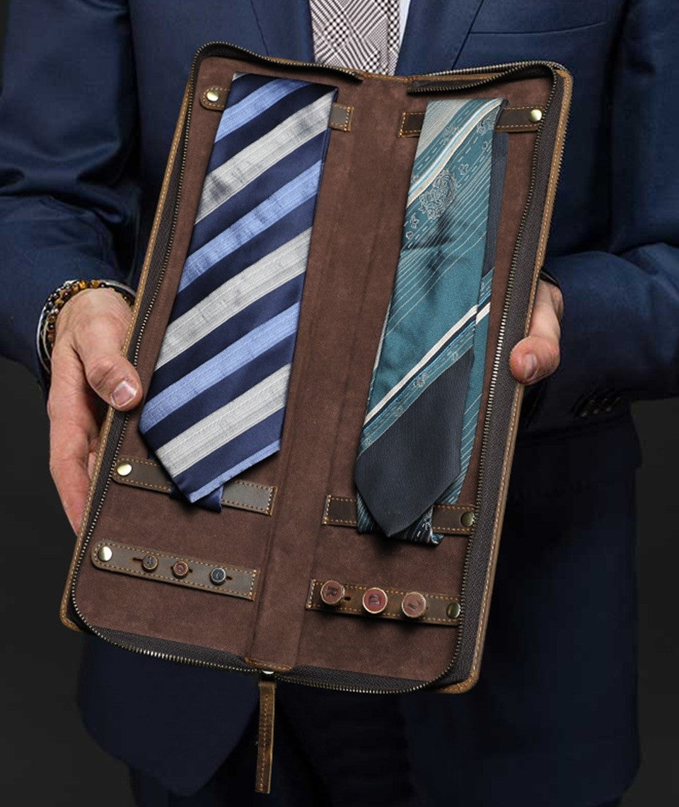 Vintage Crazy Horse Leather Men's Tie Storage Box - TikTopia
