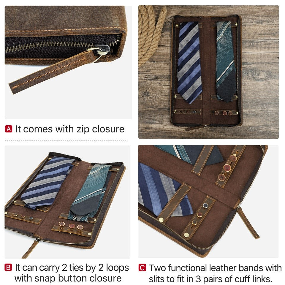 Vintage Crazy Horse Leather Men's Tie Storage Box - TikTopia