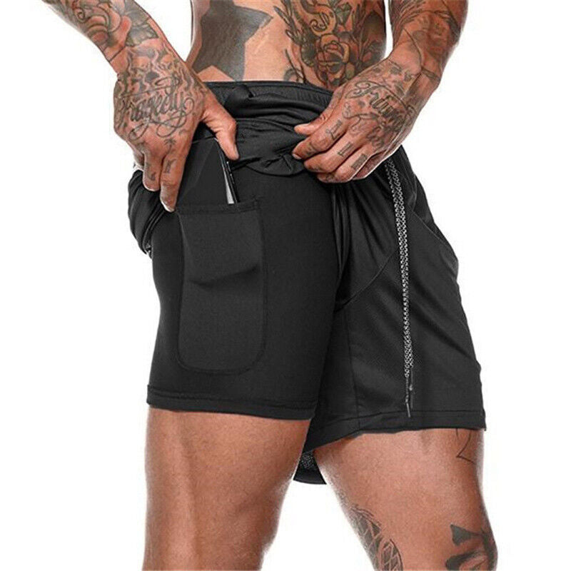 Mens Sports Running Shorts Gym Training Fitness Bottoms Double Layer With Pocket - TikTopia