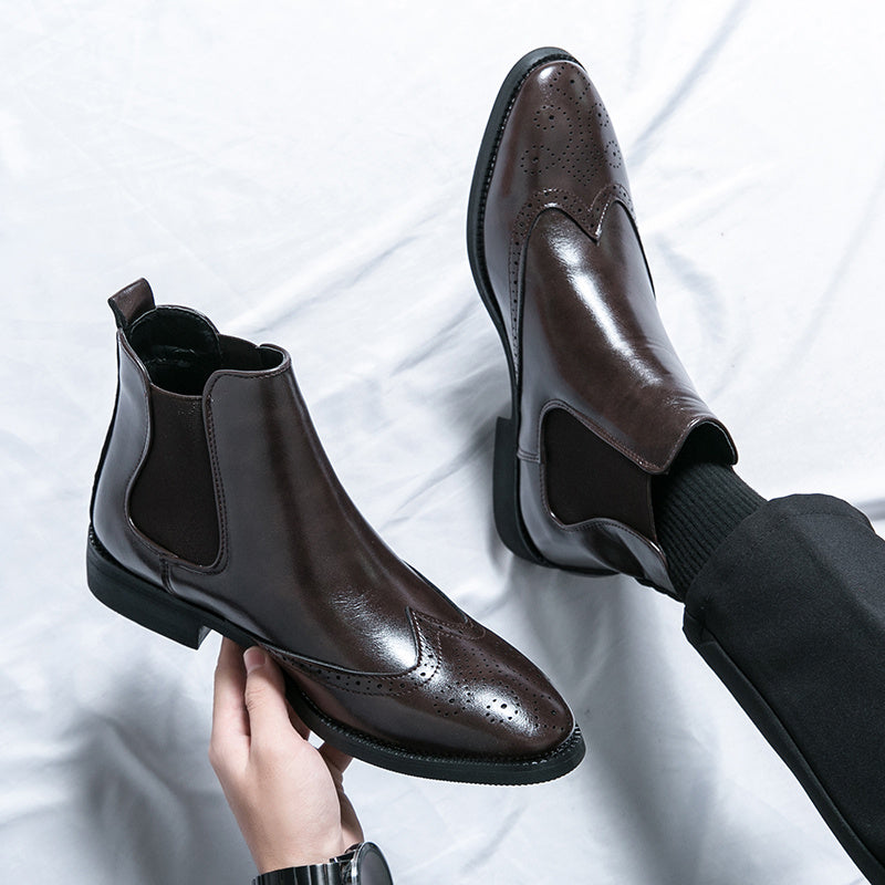 High-top Leather Shoes Men's Pointed Chelsea Booties - TikTopia