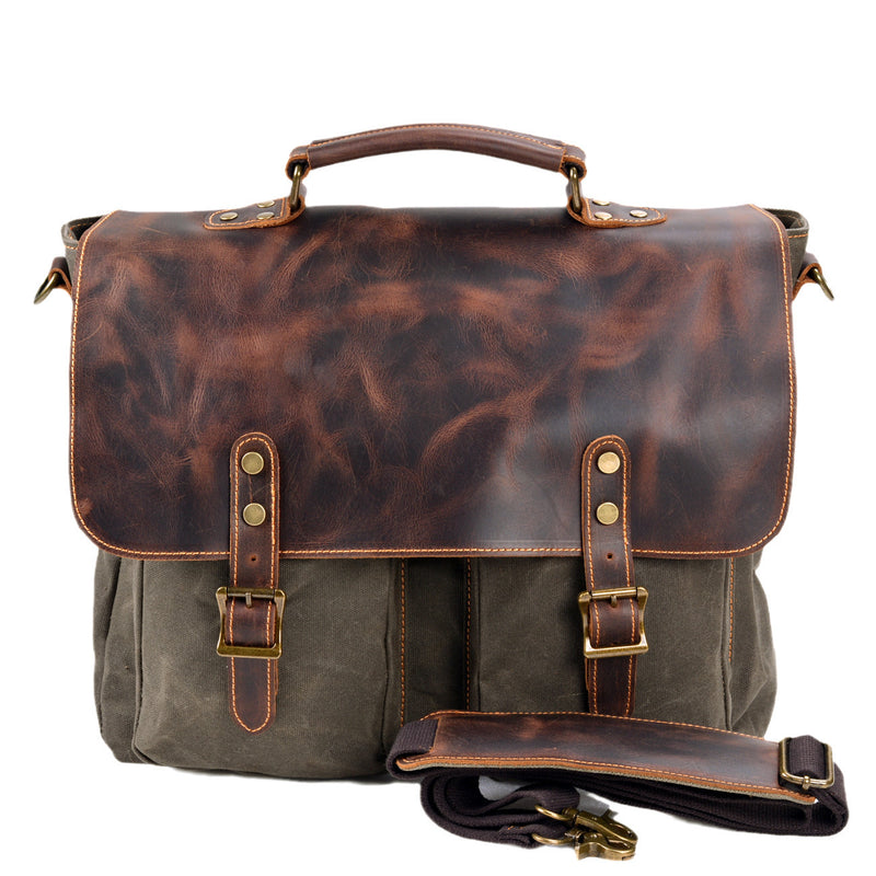 Waterproof Canvas Stitching Leather Briefcase Handbag - TikTopia
