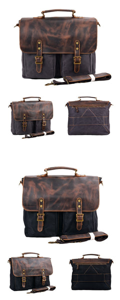 Waterproof Canvas Stitching Leather Briefcase Handbag - TikTopia