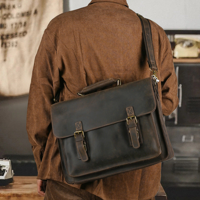 Top Layer Leather One-shoulder Crossbody Laptop Bag - TikTopia