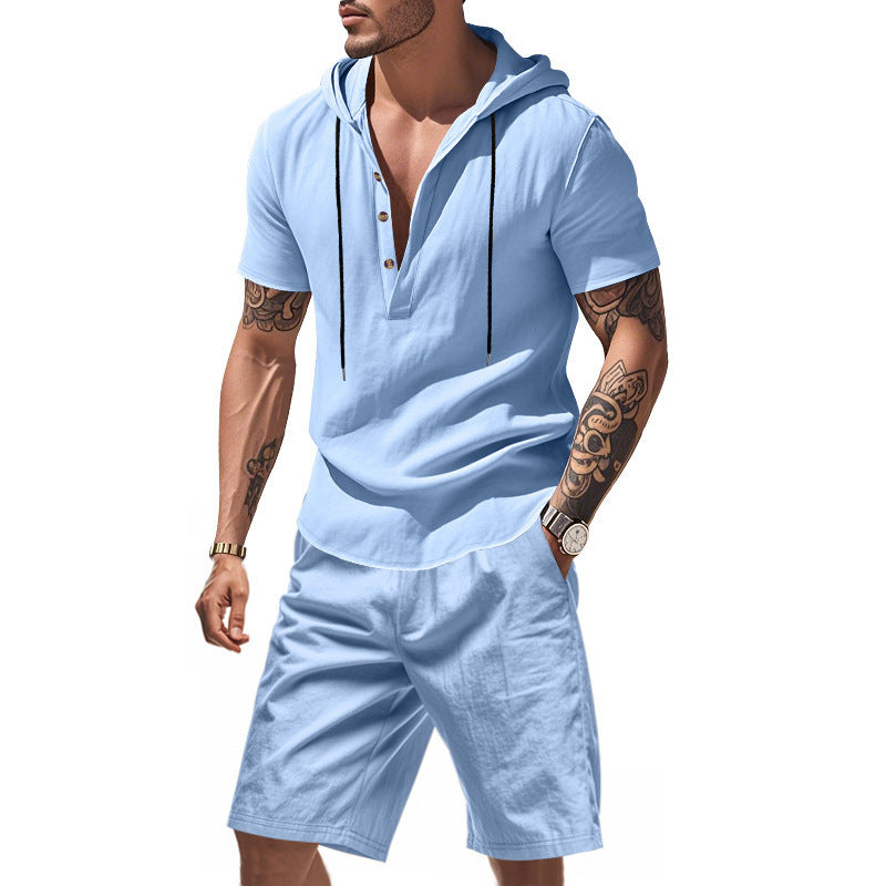 Hooded Beach Casual Short Sleeve Shirt Outfit - TikTopia