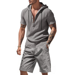 Hooded Beach Casual Short Sleeve Shirt Outfit - TikTopia