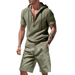 Hooded Beach Casual Short Sleeve Shirt Outfit - TikTopia