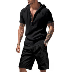 Hooded Beach Casual Short Sleeve Shirt Outfit - TikTopia