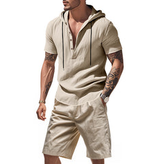 Hooded Beach Casual Short Sleeve Shirt Outfit - TikTopia