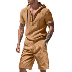 Hooded Beach Casual Short Sleeve Shirt Outfit - TikTopia