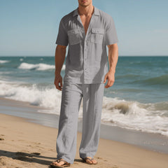 Simple Workwear Short Sleeve Shirt Trousers Suit Men - TikTopia