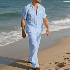 Simple Workwear Short Sleeve Shirt Trousers Suit Men - TikTopia