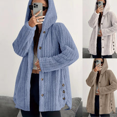 Women's Solid Color Long Sleeve Hooded Loose Plush Coat - TikTopia
