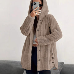 Women's Solid Color Long Sleeve Hooded Loose Plush Coat - TikTopia