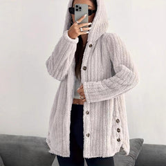 Women's Solid Color Long Sleeve Hooded Loose Plush Coat - TikTopia
