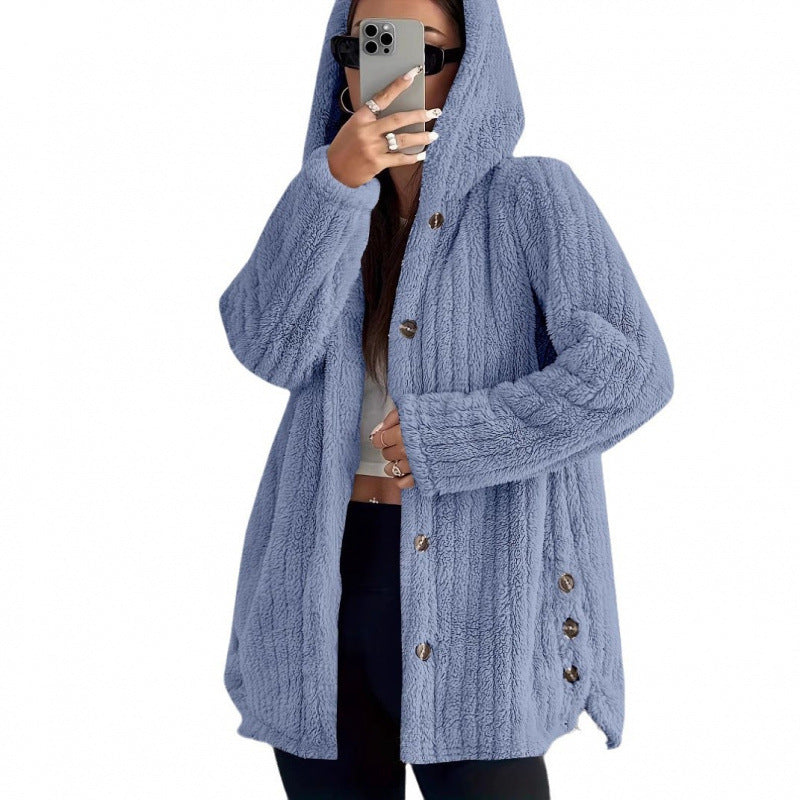 Women's Solid Color Long Sleeve Hooded Loose Plush Coat - TikTopia