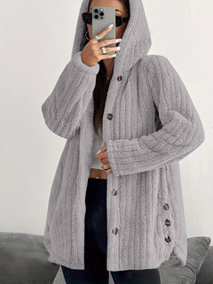 Women's Solid Color Long Sleeve Hooded Loose Plush Coat - TikTopia