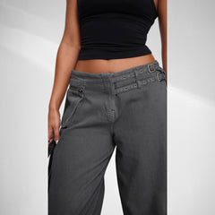 European And American Dark Wide-leg Jeans Personalized Belt Buckle Asymmetric Pocket Drag Sister Out Of The Street - TikTopia