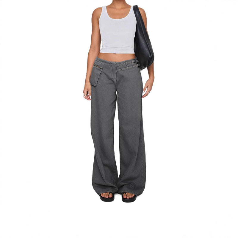 European And American Dark Wide-leg Jeans Personalized Belt Buckle Asymmetric Pocket Drag Sister Out Of The Street - TikTopia