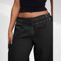 European And American Dark Wide-leg Jeans Personalized Belt Buckle Asymmetric Pocket Drag Sister Out Of The Street - TikTopia