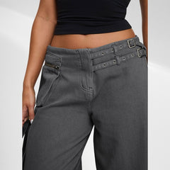 European And American Dark Wide-leg Jeans Personalized Belt Buckle Asymmetric Pocket Drag Sister Out Of The Street - TikTopia