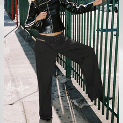 European And American Dark Wide-leg Jeans Personalized Belt Buckle Asymmetric Pocket Drag Sister Out Of The Street - TikTopia