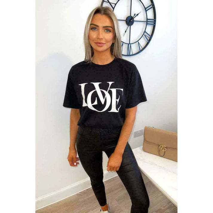 Ladies Oversized Love Print Slogan Short Sleeves T Shirt Top - TikTopia