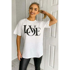 Ladies Oversized Love Print Slogan Short Sleeves T Shirt Top - TikTopia