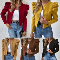 Round Neck Cardigan Zipper Bubble Long Sleeve Coat Women's Clothing - TikTopia
