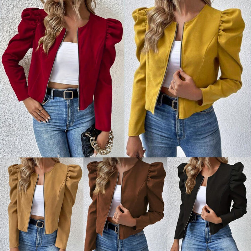 Round Neck Cardigan Zipper Bubble Long Sleeve Coat Women's Clothing - TikTopia