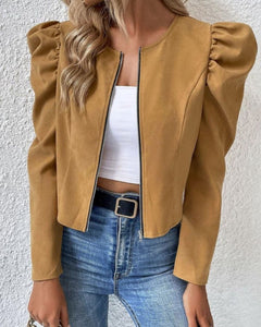 Round Neck Cardigan Zipper Bubble Long Sleeve Coat Women's Clothing - TikTopia