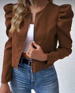 Round Neck Cardigan Zipper Bubble Long Sleeve Coat Women's Clothing - TikTopia