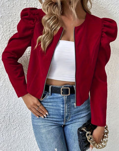 Round Neck Cardigan Zipper Bubble Long Sleeve Coat Women's Clothing - TikTopia