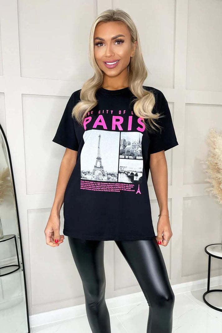 Ladies Oversized Paris Slogan Short Sleeves T Shirt Top - TikTopia